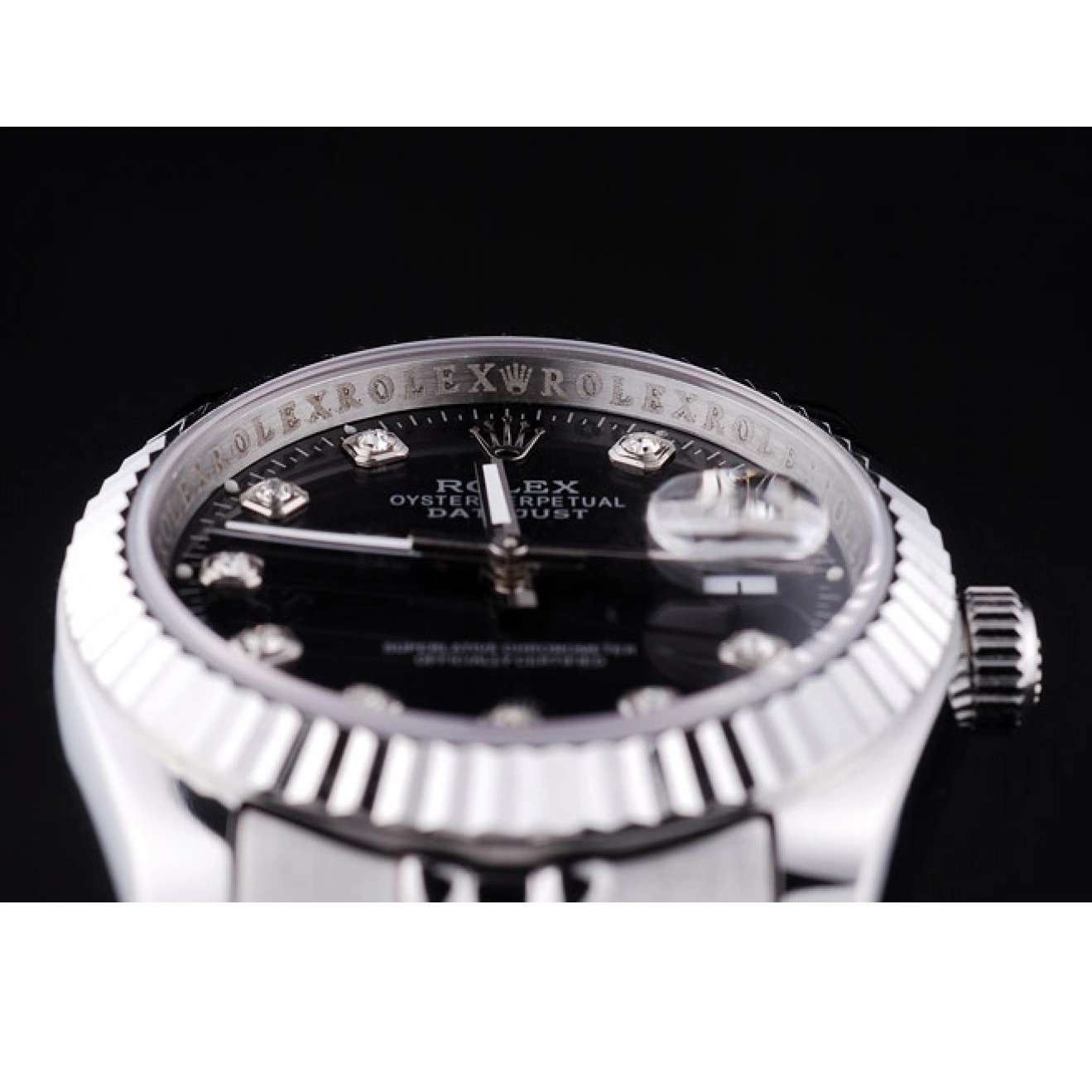 Aaa fake watches Diamonds Ribbed Black Rolex Dial 7458 Bezel Datejust 0630